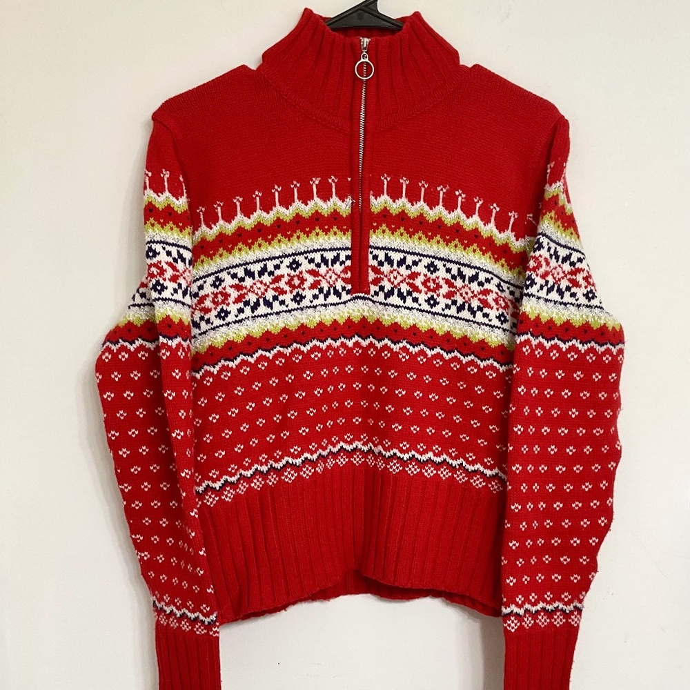 VTG Gantos Women's 1/2 Zip Turtleneck Sweater Red White Metallic Silver M